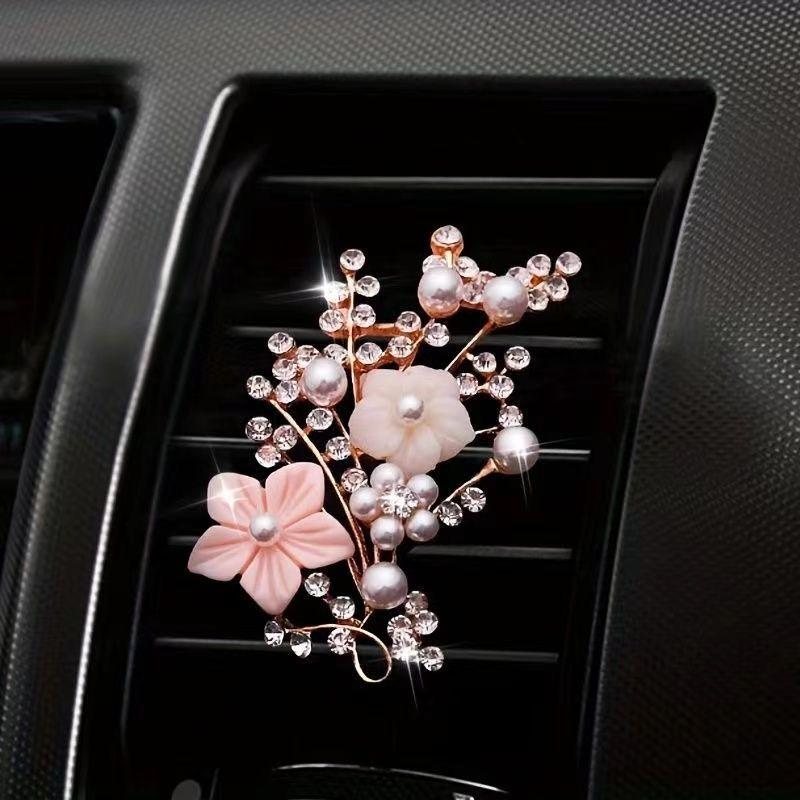Sparkling Rhinestone Pearl Car Air Vent Freshener, Floral Auto Diffuser Clip,Cute Car Interior Decor for Women