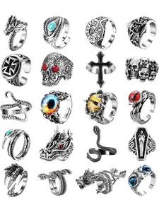 20Pcs Vintage Punk Rings for Men Women Adjustable Open Gothic Knuckle Rings Set Y2K Rings Frog Snake Dragon Claw Peacock Rings Retro Jewelry Stackable Rings