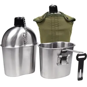 Stainless Steel WWII US Army Canteen Water Bottler Military Canteen Kit 1QT with 0.5QT Cup Nylon Pouch G.I.