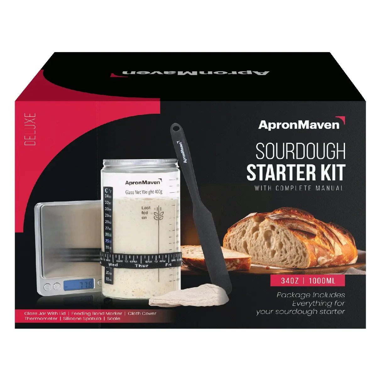 Apron Maven Sourdough Starter Kit with Scale & Glass Jar – Complete Bread Making Set, Gift for Women & Bakers