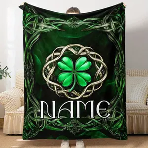 Custom Name Four-Leaf Clover Blanket - Lightweight Flannel, Soft & Warm, Digital Print with Celtic Knot Design, Perfect for Home, Office, Sofa, Bed, Travel & Camping, All-Season Use, Office Decor | Celtic Knot Design