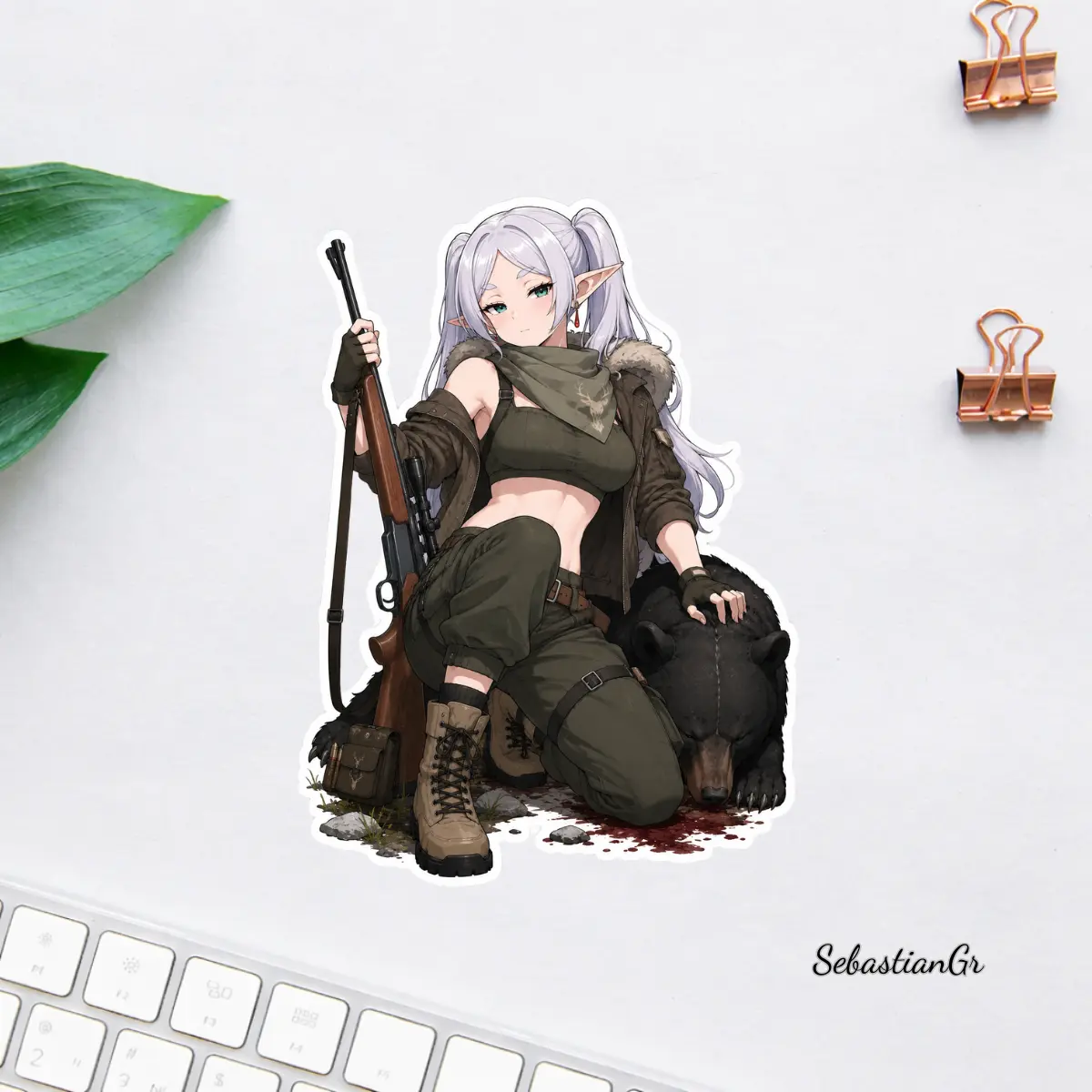 Anime Bear Huntress Sticker, Hunting Girl with Bear Trophy Vinyl Decal, Outdoor Hunter Waterproof Sticker, Rifle Hunting Gift