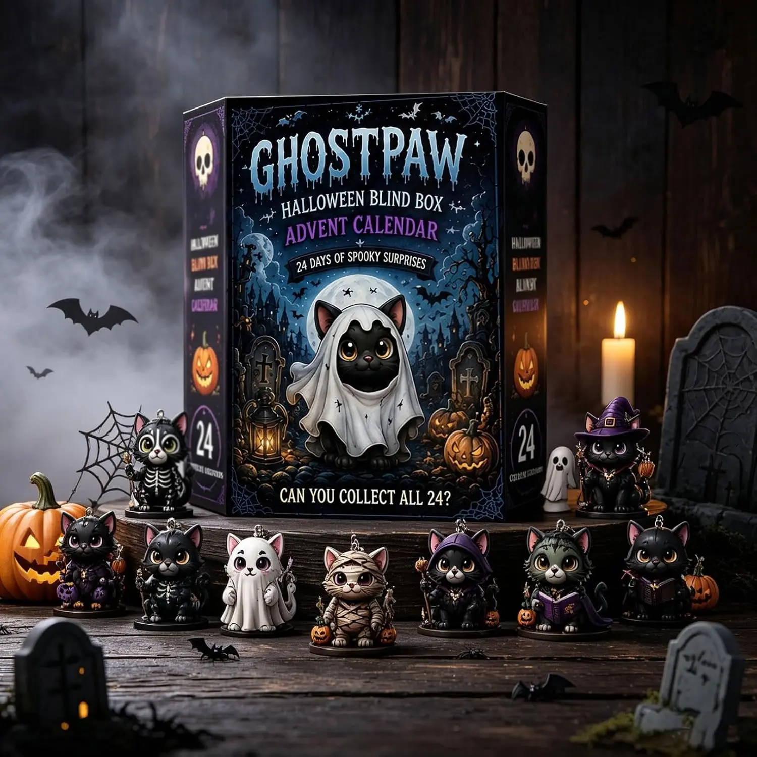 24-Day Spooky Cat Figurines Halloween Advent Calendar Set, Festive Home Decor Hanging Ornaments sohochic