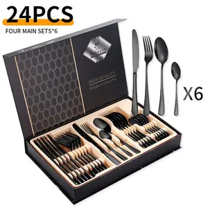 Black 24-Piece Stainless Steel Flatware Set, Service for 6, Mirror Polished Cutlery Set, Dishwasher Safe, Food Grade, Ideal for Home, Kitchen, Party, Valentine's Day and Holiday Gifting gift party favor Outdoor tableware Premium Cutlery rustproof