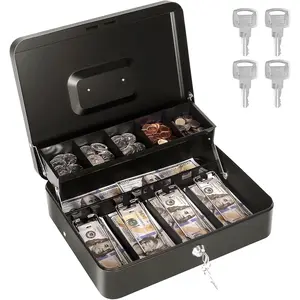 Box with  Tray and Lock, Metal  Box for  Register, Large  Lock Box for  Safe Includes 5 Slots  Tray, 4 Bill Slots, 4 , 11.8" x 9.4" x 3.54" Black