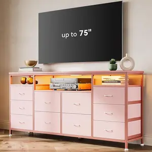 63.3 Inch Dresser for Bedroom, 10 Drawer Dresser Tv Stand for 65 70 75 Inch Tv, with Led Lights & Power Outlets,  Living Room (Pink)