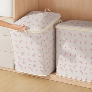 Large Capacity Storage Box with Lid, Cute Bow and Heart Print Foldable Organizer Bag, Durable Non-Woven Fabric for Blankets and Clothes, Perfect Home Gift