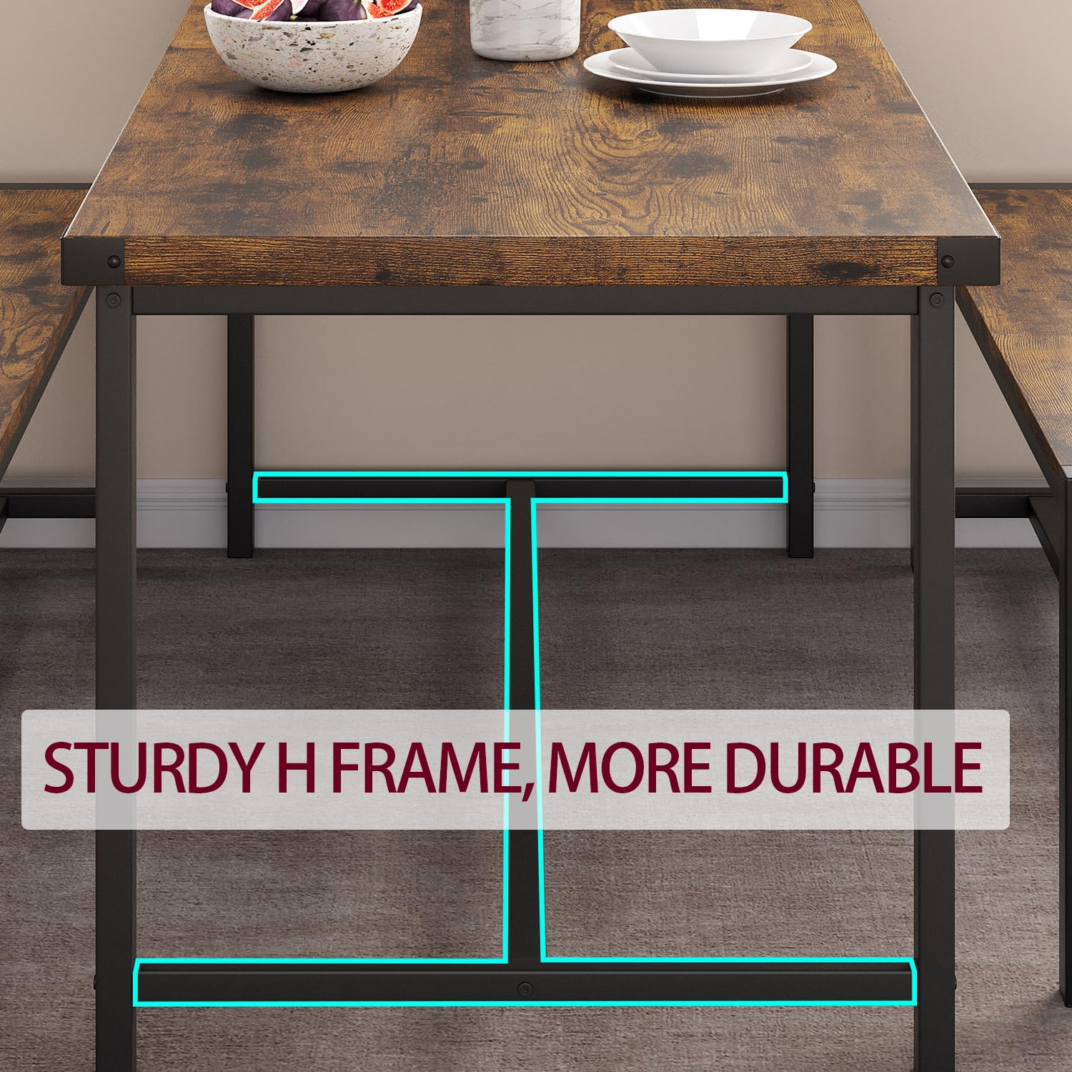 Farmhouse Kitchen Table Set for 4, Rectangular Table & 2 Benches, Apartment