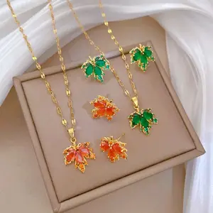 18K Gold Plated Maple Leaf Necklace & Earrings Set for Women Collarbone Chain Jewelry Gift