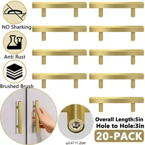 20PACK Square Kitchen Cabinet Pulls Stainless Steel Drawer Handles Brushed Gold 5in
