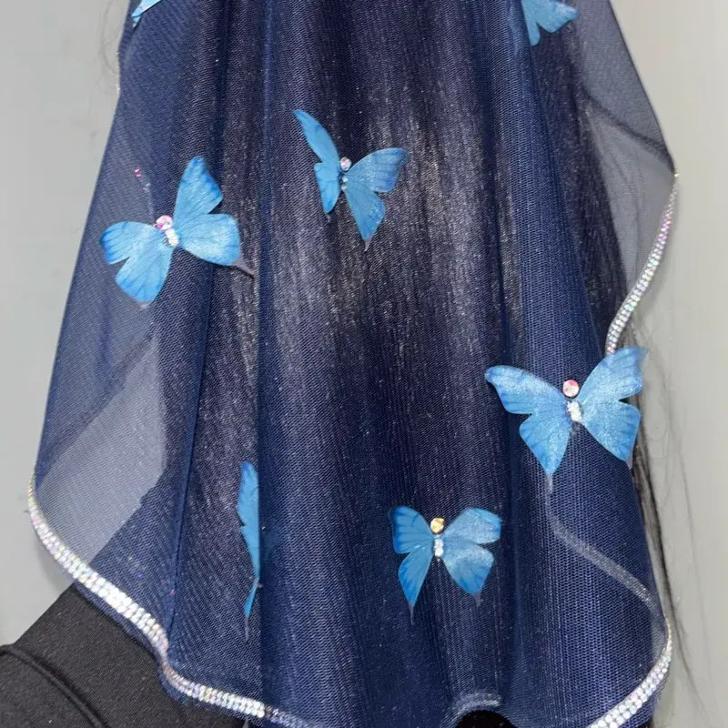 Navy Veil with Butterfly Accents and Rhinestone-Edged Design
