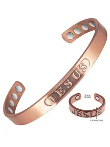 Women's 99.99% Pure Copper Bracelet & Ring Set, Adjustable Cuff Bangle Jewelry, Casual Style Mother's Day Gift for Her, Religious Jewelry Gift