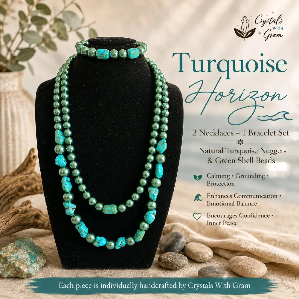 Turquoise Horizon – Natural Turquoise Nuggets & Green Shell Beads Jewelry Set