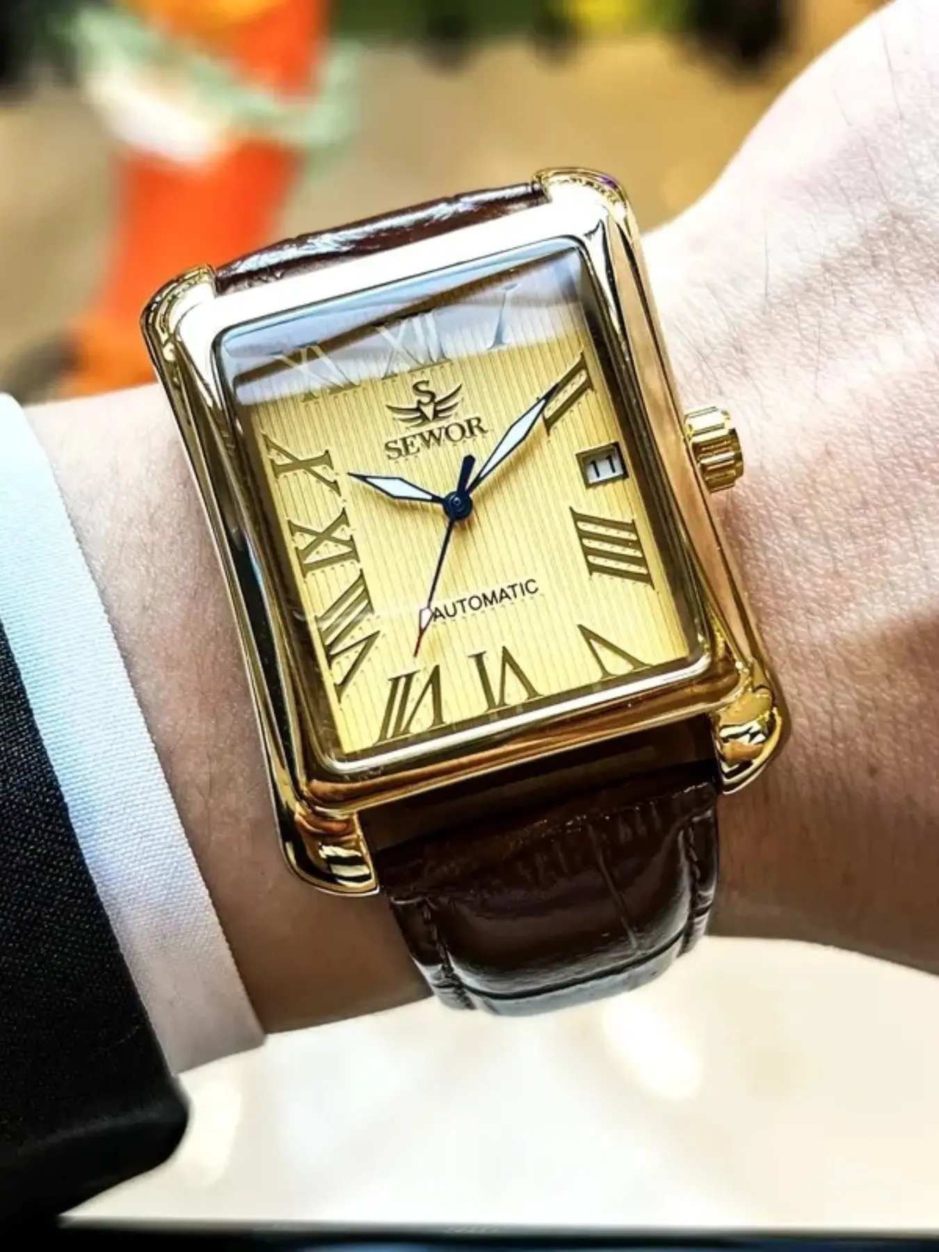Men's Business Mechanical Watch, Round Analog Dial, Alloy Case, Hardlex Glass, Buckle Closure, All Seasons Fashion Style, Business Fashion Watches, Leather Strap Watch, Business Wristwatch