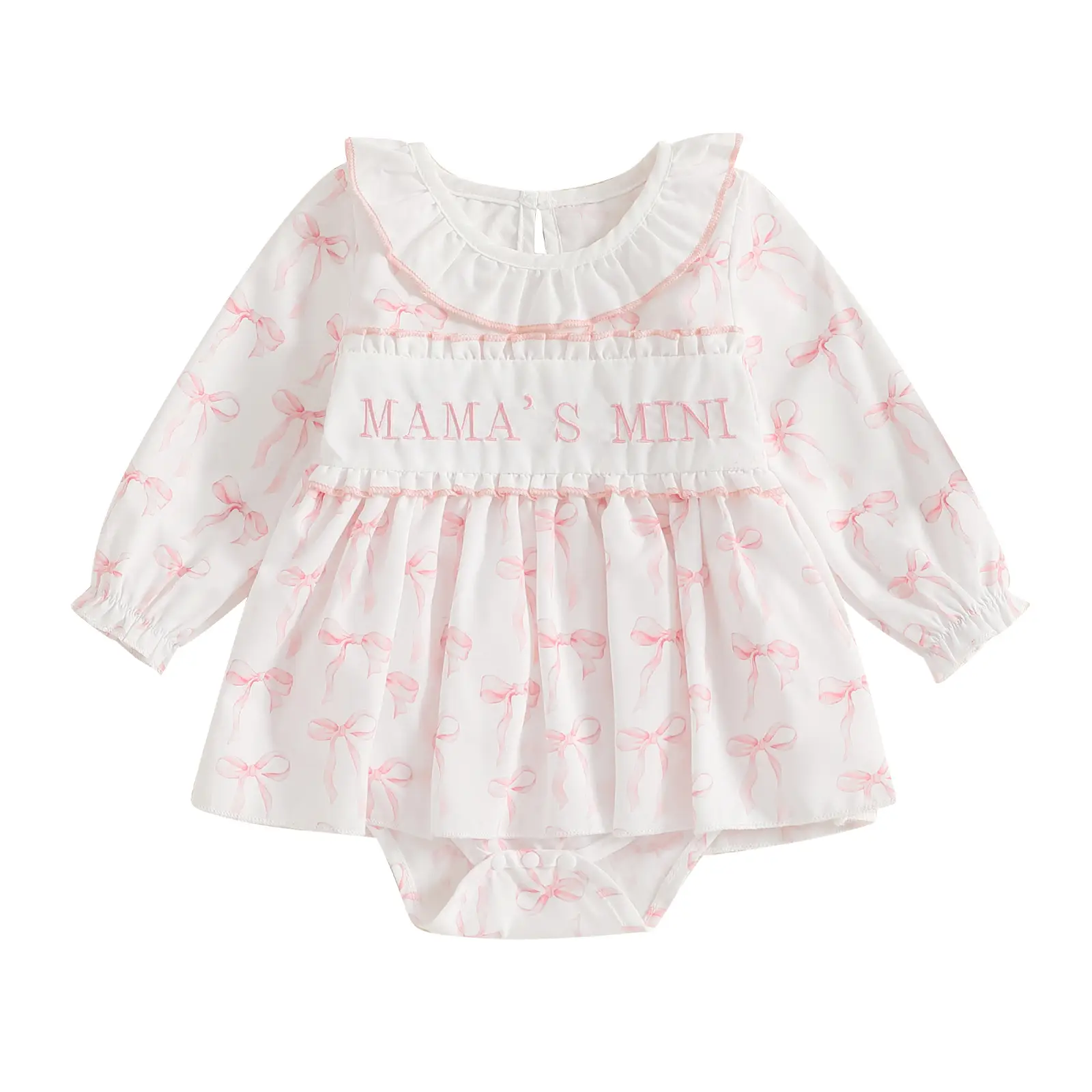 Baby Girl Fall Outfit Infant Bow Bubble Romper Dress Infant Mama's Mini Long Sleeve Ruffle Onesie Toddler Letter Embroidery Bowknot Print Clothes