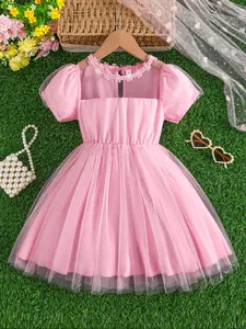 Toddler Girl Summer Short Sleeve Pink Tulle Dress with Lace Collar & Puff Sleeves, Cute Elegant Casual Outfit for Little Girls