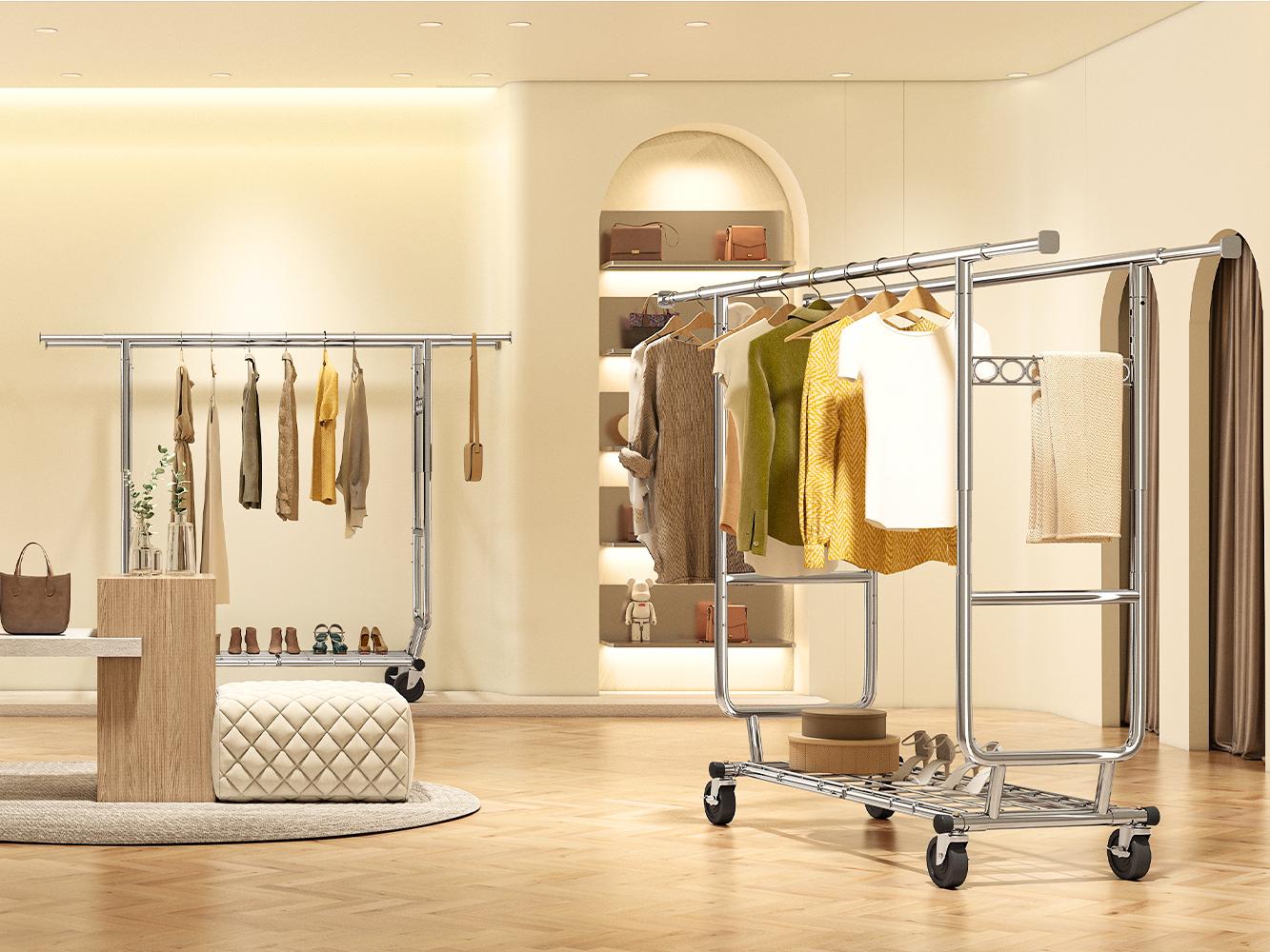 [RaybeeBrandyDay]Raybee Clothes Rack, Heavy Duty Clothing Rack Holds 441 LBS with Wheels & Shelf, Extendable, Adjustable, Commercial Garment Rack 22" D x 75" W x 68" H [BlackFridayCyberMonday]