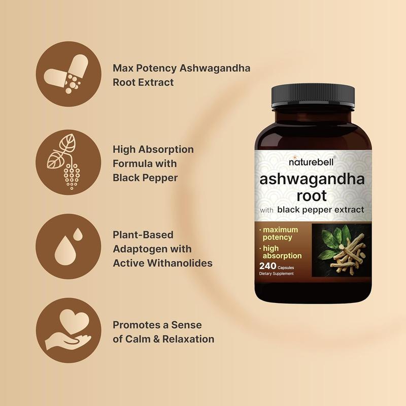 NatureBell Ashwagandha with Black Pepper, 240 Capsules | High Absorption Complex – Extra Strength Root Extract – Adaptogens Supplements for Relaxation – Non-GMO