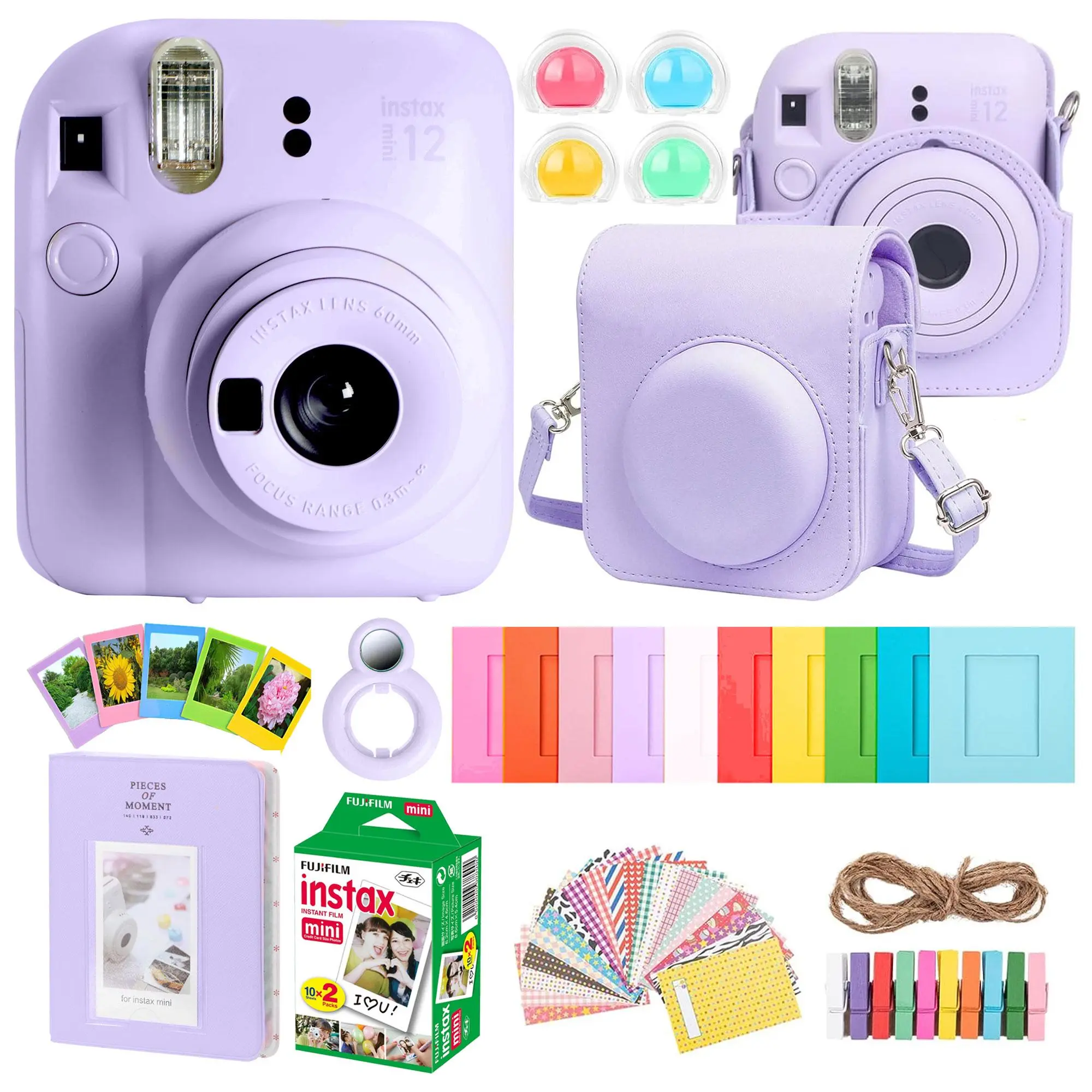 FUJIFILM INSTAX MINI 12 Instant Film Camera (Lilac Purple) + Complete Accessory Kit for Fujifilm Instax Mini 8/9/11/12 – Camera Case, Photo Album, Frames, Stickers & Lens Filters (Purple) + Fujifilm 2x10 Film Mini Instax Film Pack