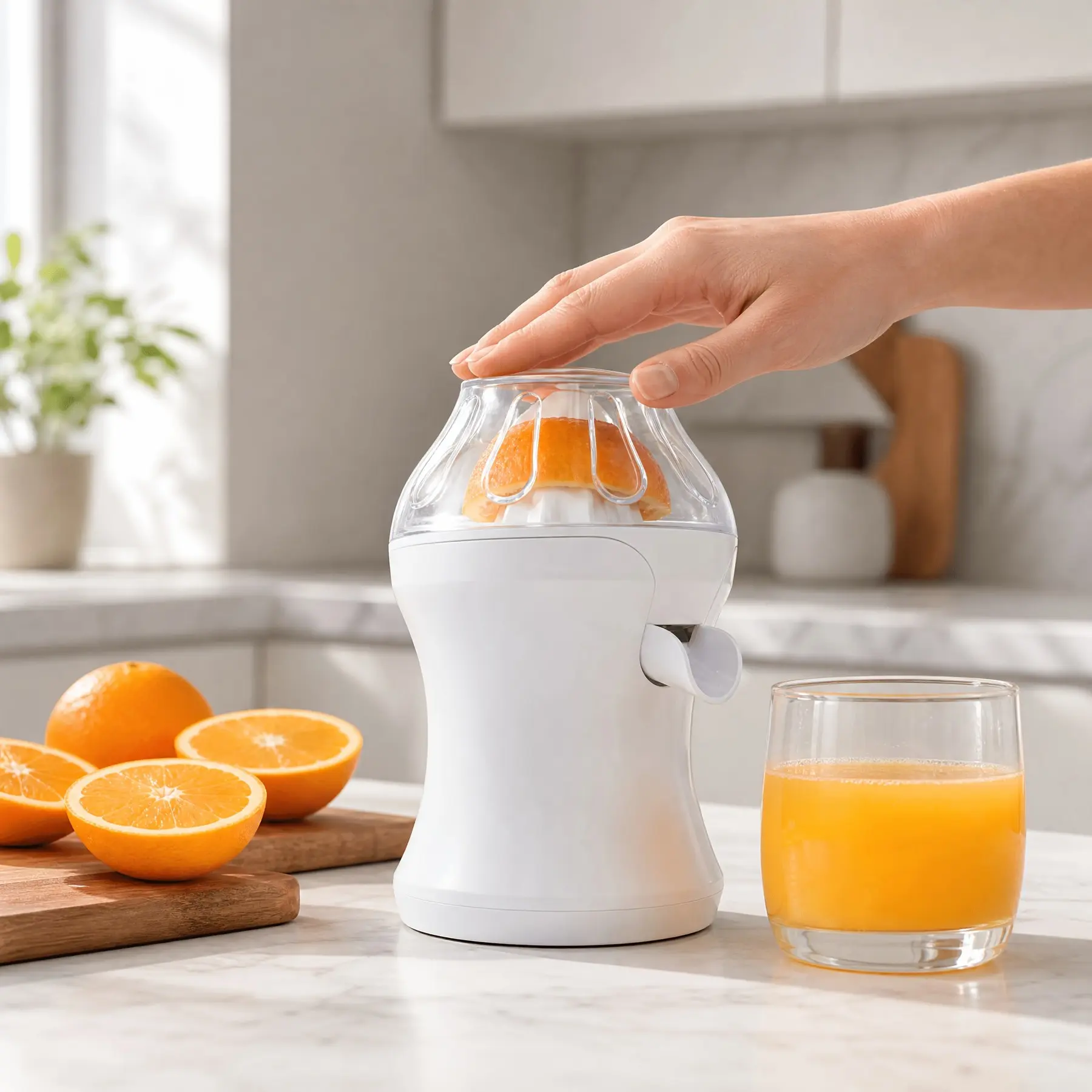 Mini Electric Citrus Juicer, Press-Activated Orange Lemon Lime Squeezer, Anti-Splash Cover, Pulp Filter, 5pcs Easy-Clean Detachable Design, Compact 7.7", 120V US Plug 25W