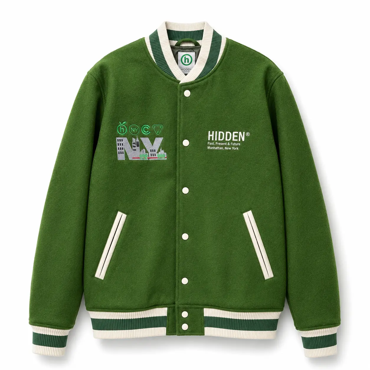 Menswear Ribbed Classic HIDDEN NY PPF Past Present Future Members Only Embroidered Varsity Jacket - Green, Men's Tops Jackets & Coats, Pockets, Embroidery, Striped, Casual, Button, Preppy, Graphic