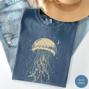 Comfort Colors Celestial Jellyfish Shirt, Vintage Ocean Graphic Tee, Coastal Sea Creature T-Shirt, Summer Gift for Women, Soft Cotton Fabric