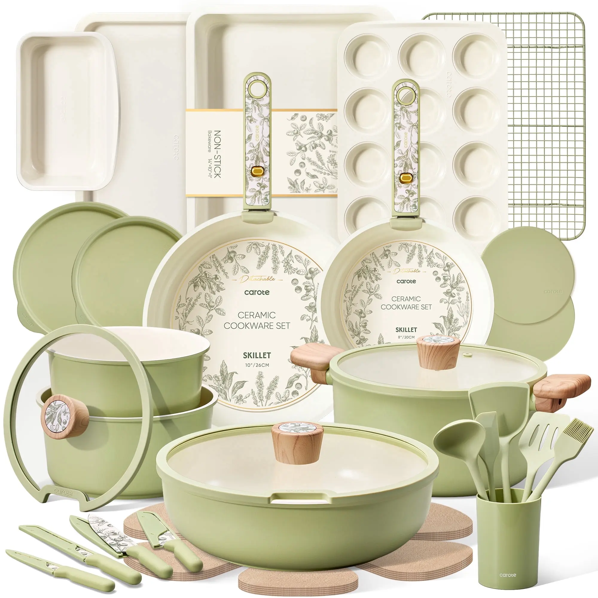 CAROTE 39-Pieces Ceramic Cookware Set, Nonstick Pots and Pans with Floral Detachable Handles, Induction Compatible, Diswasher Safe, Green