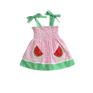 Newborn Baby Girl Summer Clothes Watermelon Embroidery Smocked Romper Dresses Plaid Sleeveless A Line Dress