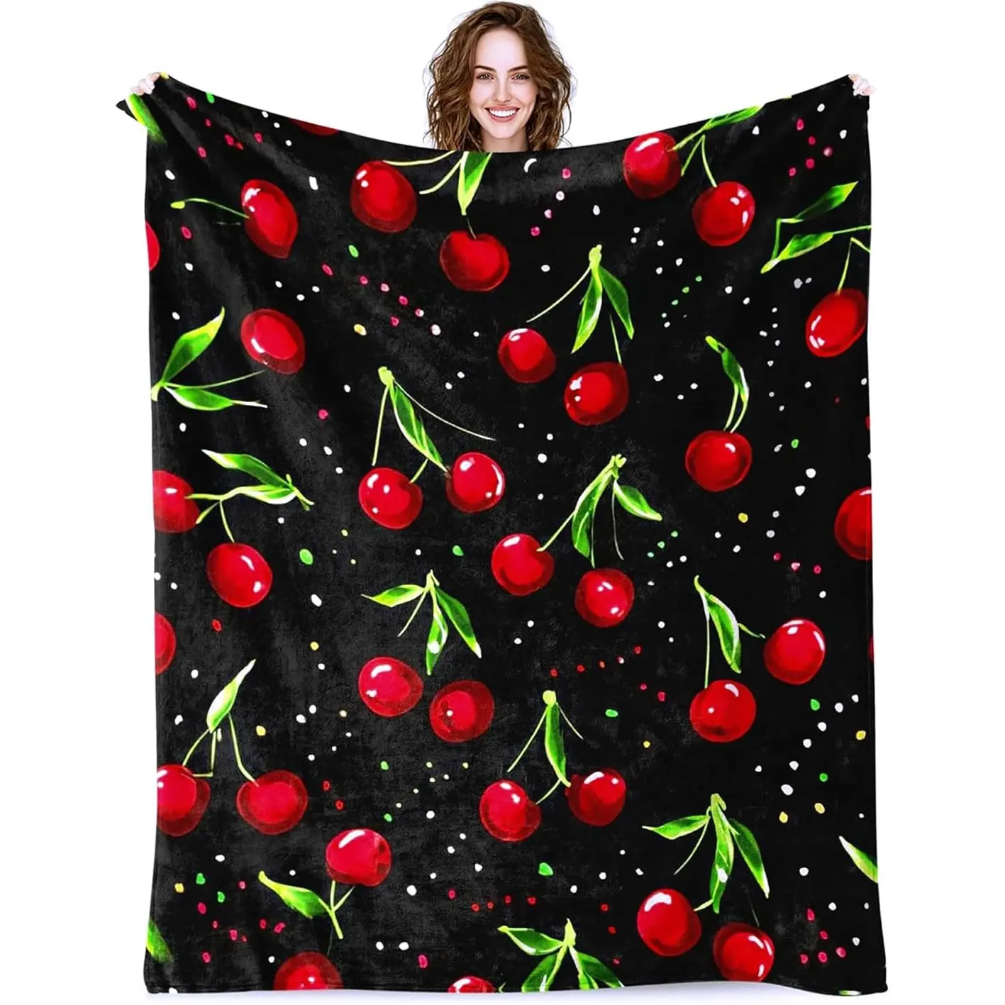 1pc Cherry pattern blanket, a gift for ladies and girls, soft, cool and fun red cherry-themed decorative blanket, a Christmas and Valentine's Day gift, warm, comfortable and fluffy flannel blanket, suitable for sofa bedding.