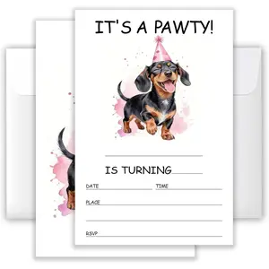 4x6 It' Pawty! Watercolor Dachshund Birthday Invitation Set (20 Cards + 20 Envelopes) - Doxie Theme Party Invites.(062)