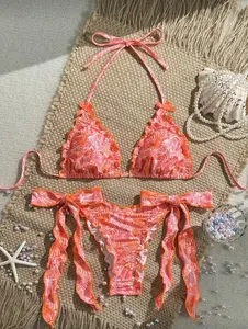 Coral Ruffle Bikini Set Women Sexy 2 Piece Tie Side Swimsuit Beach Summer