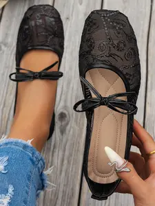 Women's Lace Sequins Ballet Flats, Square Toe Flat Shoes, French Fairy Tale Style, Mesh Upper with Bow Tie, Footwear