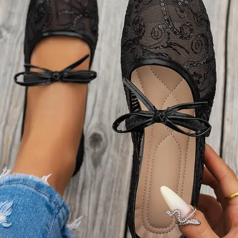 Women's Lace Sequins Ballet Flats, Square Toe Flat Shoes, French Fairy Style, Mesh Upper, Footwear, Slip-On Flats, Ballerina Flats Shoes, Elegant Flats