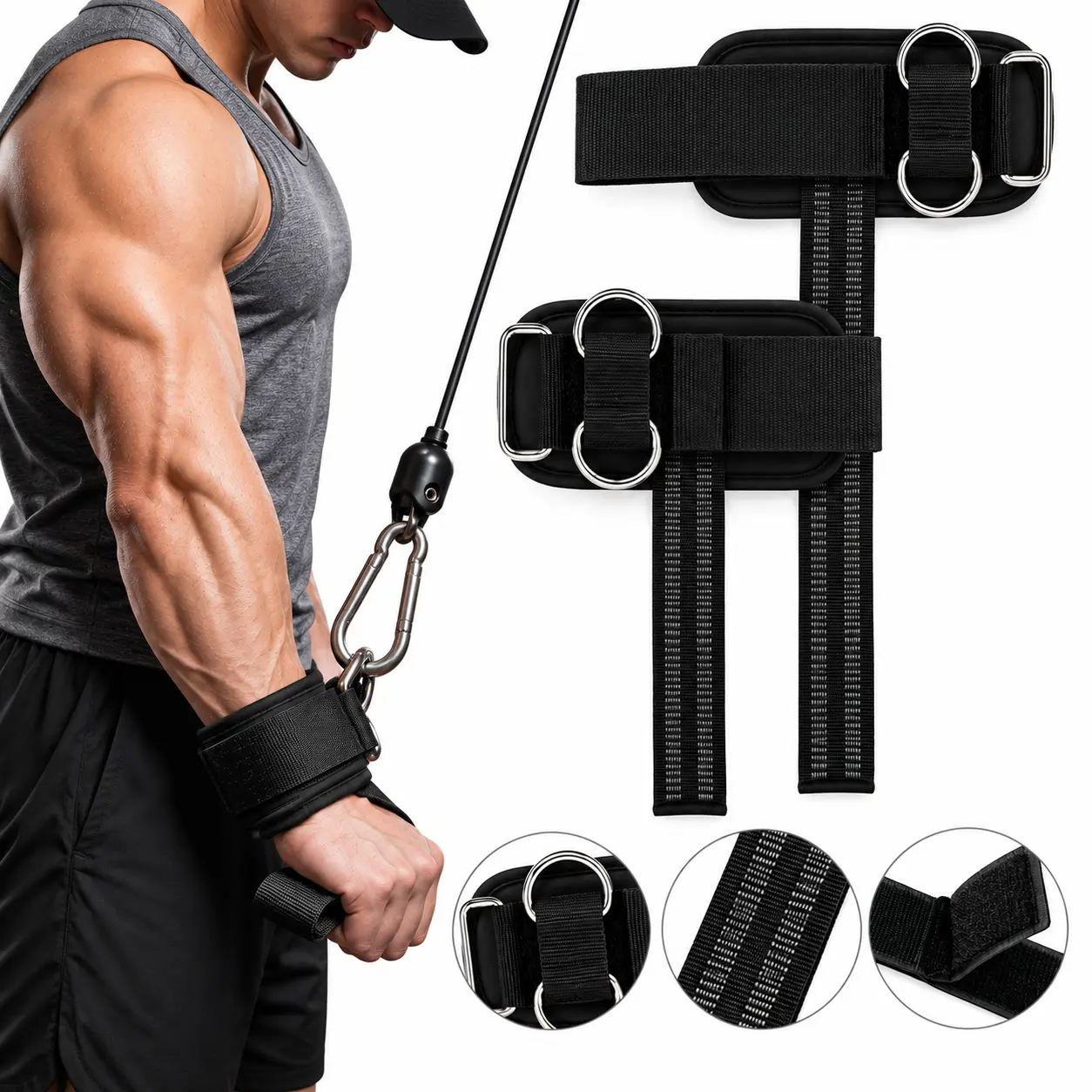 Lifting Straps with Cushioned Wrist Cuff 14.5" Cotton Strap Anti-Slip Silicone Beads 5mm Steel D-Ring for Free-Weight & Cable Training