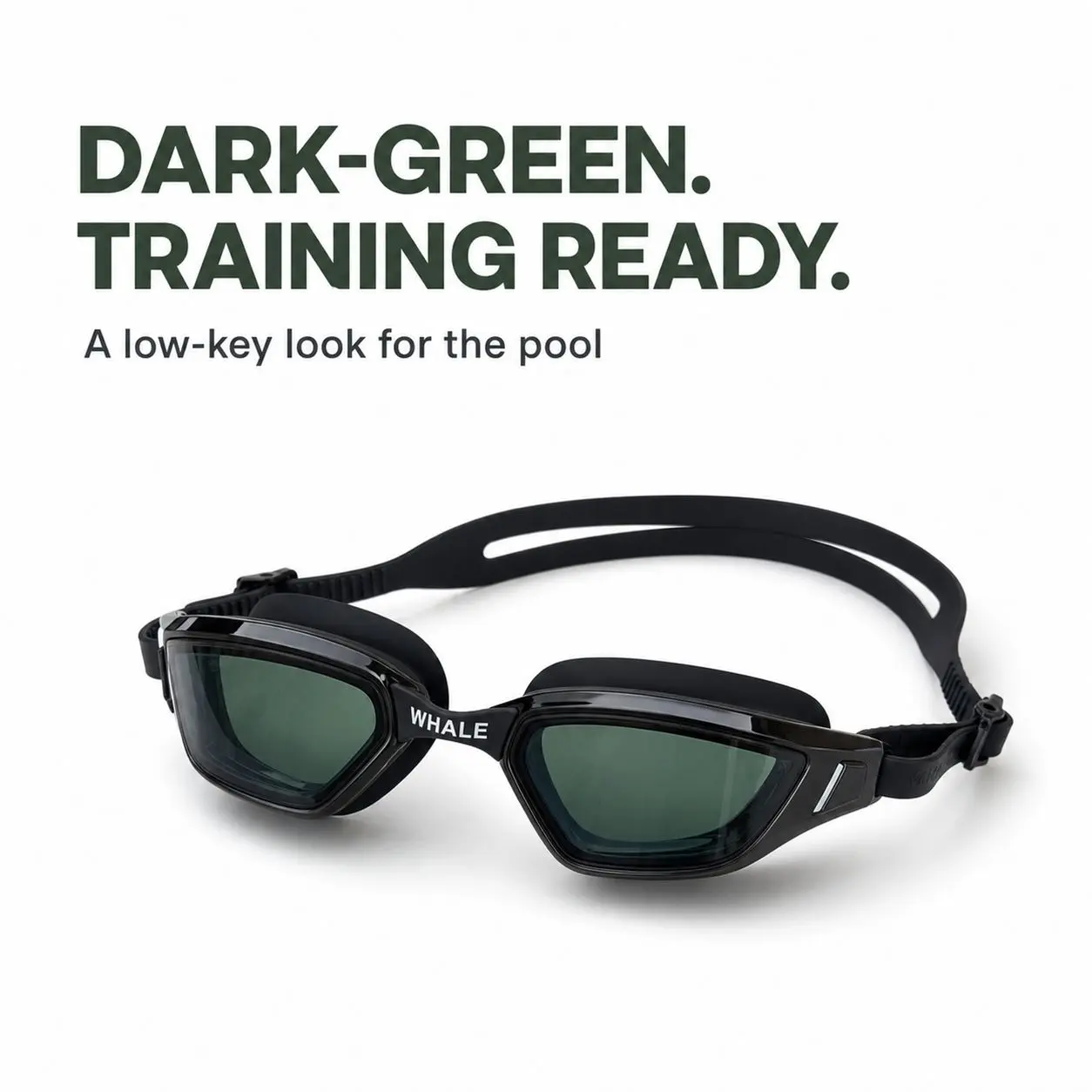 WHALE Dark Green Swim Goggles for Adults, Low-Profile Training Goggles with Smoky Lenses, Soft Seal and Split Strap