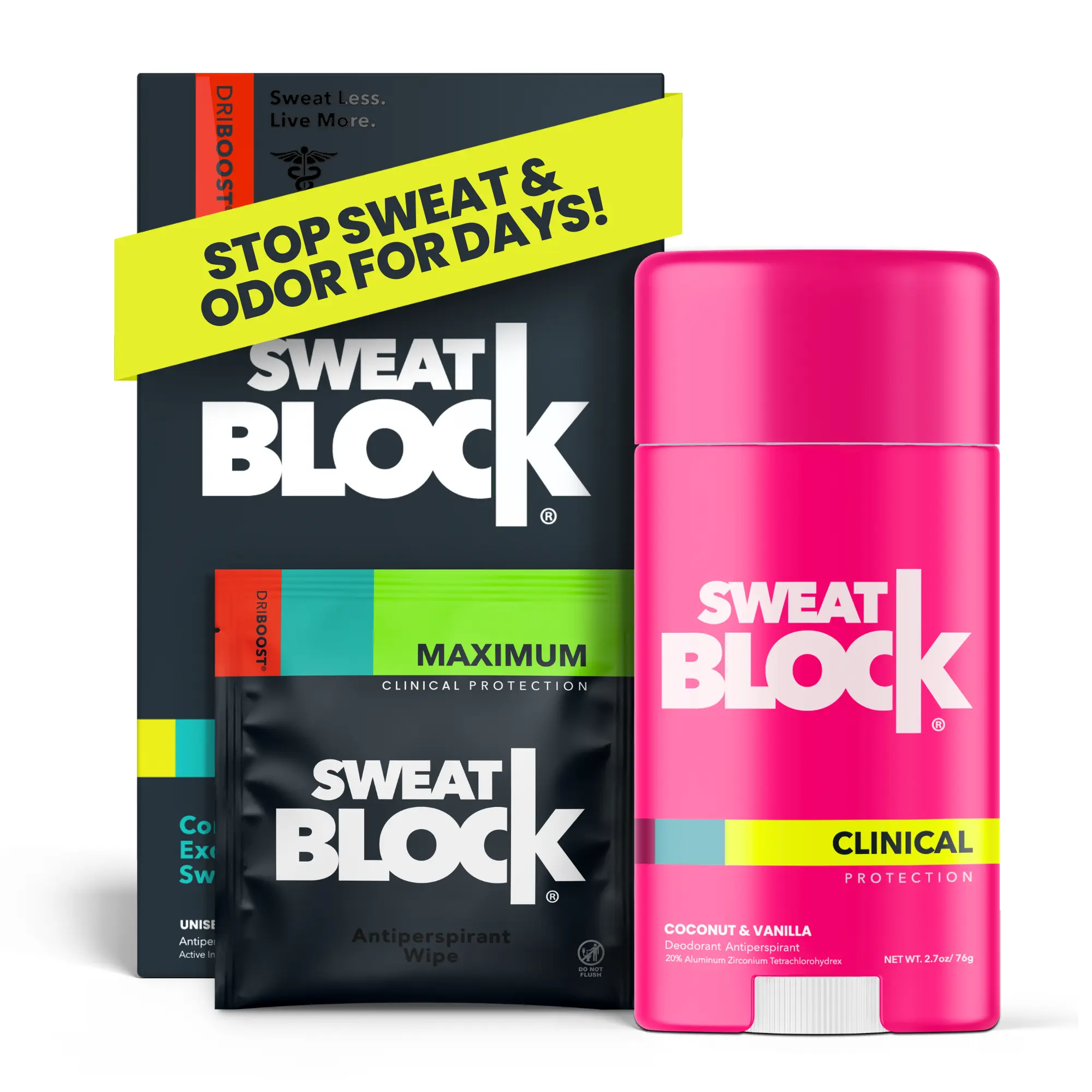 SweatBlock Clinical 2-Step Sweat & Odor Antiperspirant & Deodorant System - 10 Wipes Included - Maximum Clinical Protection - Coconut Vanilla Scent