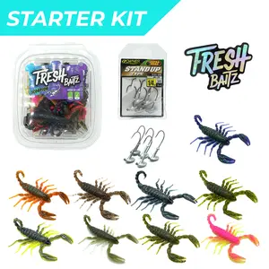 Fresh Baitz Scorpion Starter Kit including 9 scorpions plus 5 Owner stand up jigs. Great for smallmouth and largemouth bass fishing.