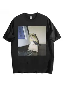 Retro Style Hamster Print T Shirt Unisex Cyber Meme Novelty Tee Men Women Comfortable Breathable Short Sleeve Streetwear