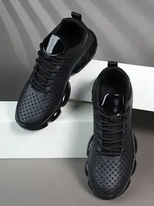 Men's Air Cushion Running Shoes, Breathable Perforated PU Leather, Thick Sole Shock Absorption, Sporty Style, All Seasons, Workout Sneakers, Running Sports Shoes