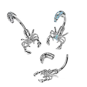 14G Externally Threaded Scorpion Head and Tail Paved CZ Belly Ring Curved Barbell Surgical Steel Navel Piercing Jewelry 3/8"