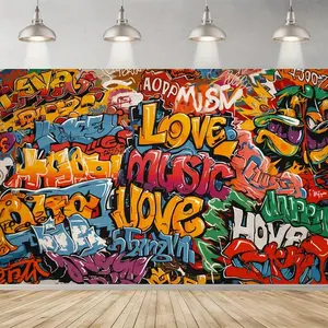 Vibrant 80s 90s Hip Hop Graffiti Party Backdrop - Colorful Polyester Wall Decor with Bold Typography & Musical Themes for Home, Room, and Event Decorations 60X40