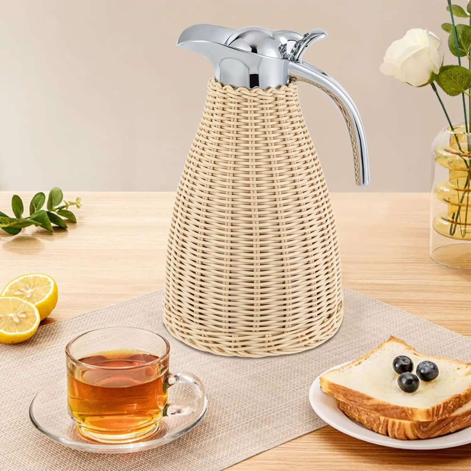 1.5L/0.4Gal Stainless Steel Retro Round Thermal Coffee Jug, Double-Walled Vacuum Insulated Beige Rattan Handmade Body Carafe for Hot Liquids, Ideal for Apartment, Garden, Outdoor Dining Use