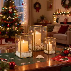 Set of 3 Christmas Style Hurricane Glass Candle Holders, Gold Lantern Pillar Candle Holders, Suitable for Living Room and Indoor Christmas Holiday Party Decorations, Christmas Decorations, Home Decor Essentials, Without Candles and Stones