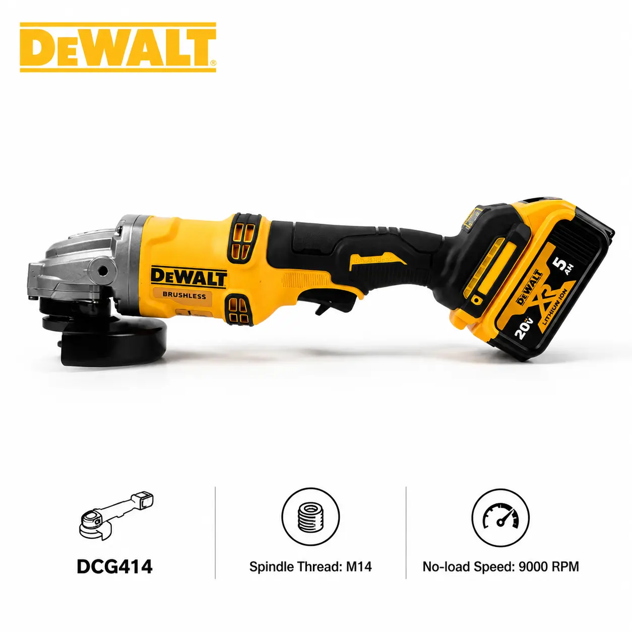 DEWALT DCG414 20V Brushless Angle Grinder, 9000RPM M14 Spindle Anti-Kickback Cordless Grinding Tool, Steel Cut & Surface Deburr Machine, For Professional Welders, Metal Fabrication & Building Repair Work