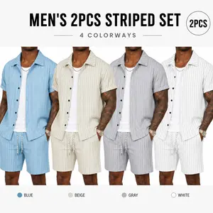 2-piece set for men for summer: striped short-sleeve shirt and shorts. Lightweight, casual, comfortable, and soft—ideal for leisure, travel, beach vacations, and relaxed wear.