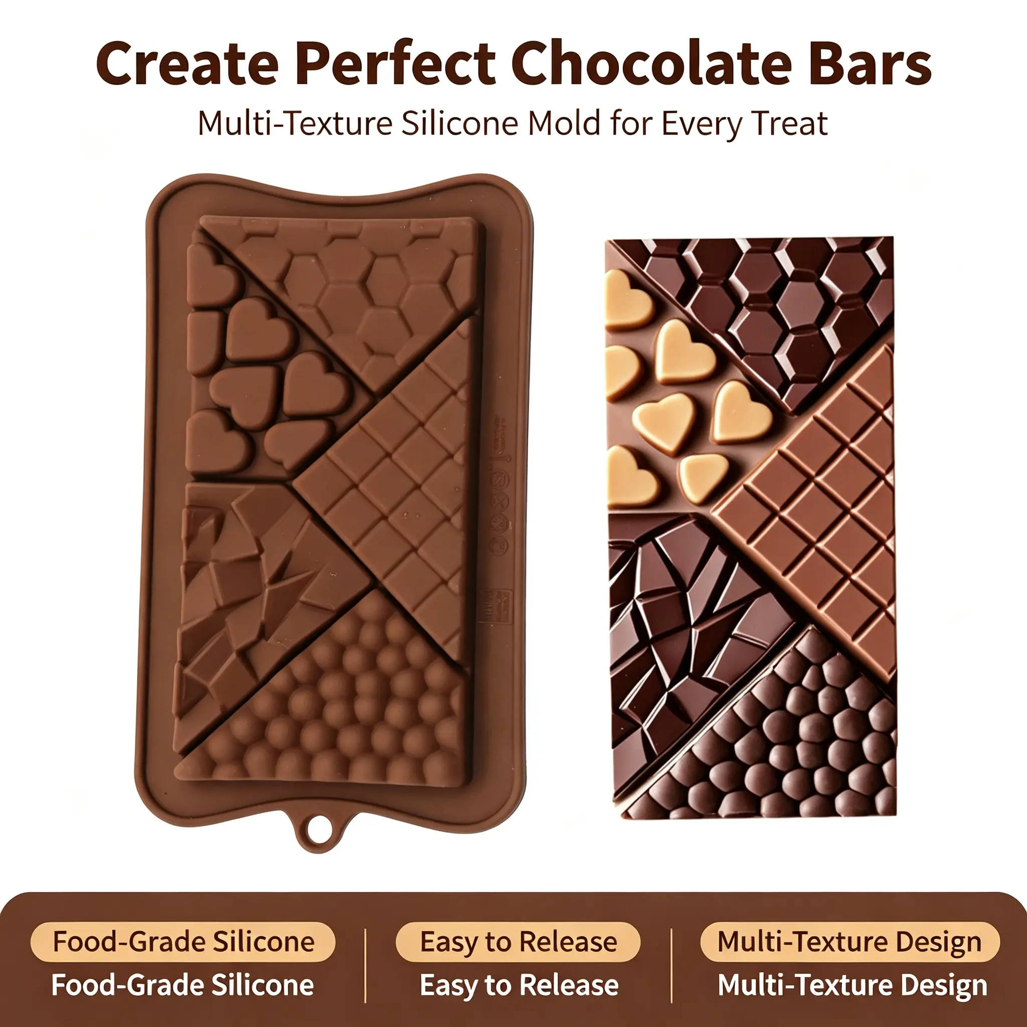 Multi-Pattern Break-Apart Chocolate Bar Silicone Mold, Non-Stick Food-Grade Mold for Homemade Chocolate Bars, Candy, and Dessert Making