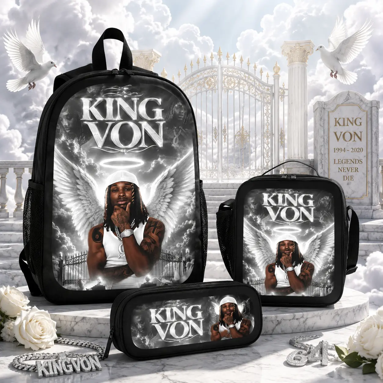3Pcs-1 King Von Backpack Set with Adjustable Shoulder Strap, Pencil Case & Lunch Bag - Lightweight Comfortable Student Laptop Bag for Teen Rapper Fans, Back to School Haul & Travel Use