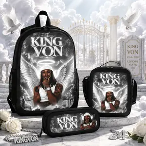 3Pcs-1 King Von Backpack Set with Adjustable Shoulder Strap, Pencil Case & Lunch Bag - Lightweight Comfortable Student Laptop Bag for Teen Rapper Fans, Back to School Haul & Travel Use