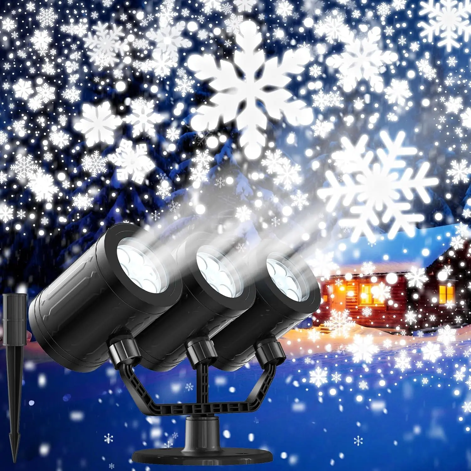 Snowflake Christmas Projector Lights Outdoor 2025 Upgraded Triple Head Waterproof LED Snowfall Projector with Timer for Holiday Decoration