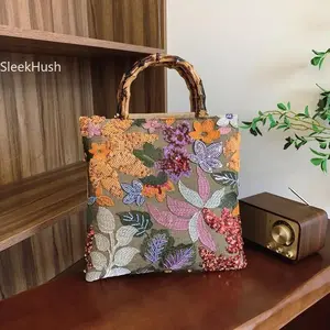 2025 New Retro Color Sequined Embroidered Bamboo Tote, Hand Carry Dinner Bag for Sports & Outdoor Protective Gear Use
